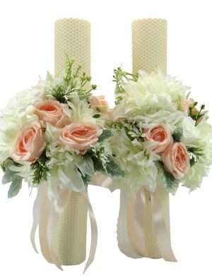 Lumanare nunta din ceara naturala cu flori de matase, piersiciu&alb ILIF403008 (3)