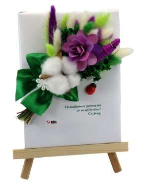Mini tablou cu stativ pentru cadre didactice, cu flori uscate si mesaj, mov verde m2 ILIF403009 (3)