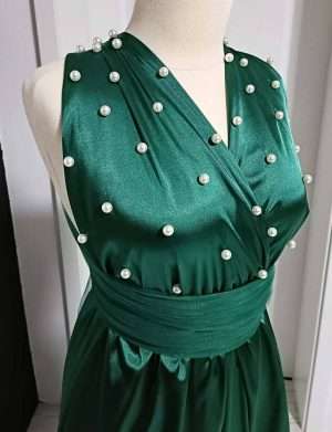 Rochie versatila scurta din satin cu perle si bretele din tulle, verde – ACD403008