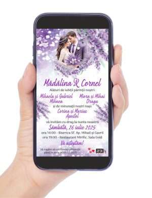 Invitație digitală nunta, personalizată cu miri si lavanda mov – MIBC403019