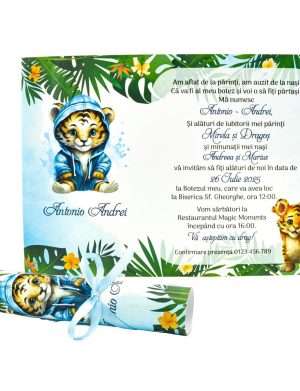 invitatie botez baietel rulata papirus jungle jungla bleo leu tigru 1