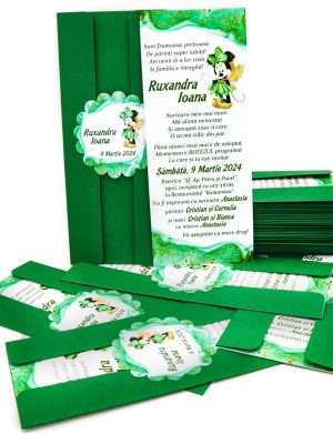 Invitatie botez Copertata verde – model Vestire, grafica verde cu Minnie mouse – MIBC403010