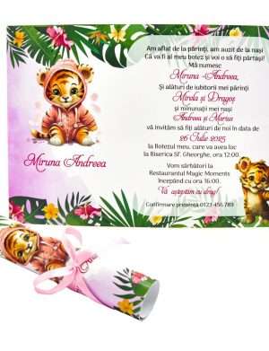 invitatie botez fetita rulata papirus jungle jungla roz leu tigru 1