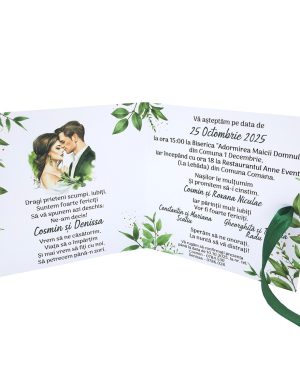 Invitatie nunta tip Carte, cu fundita verde, model cu miri si frunze verzi – MIBC403008
