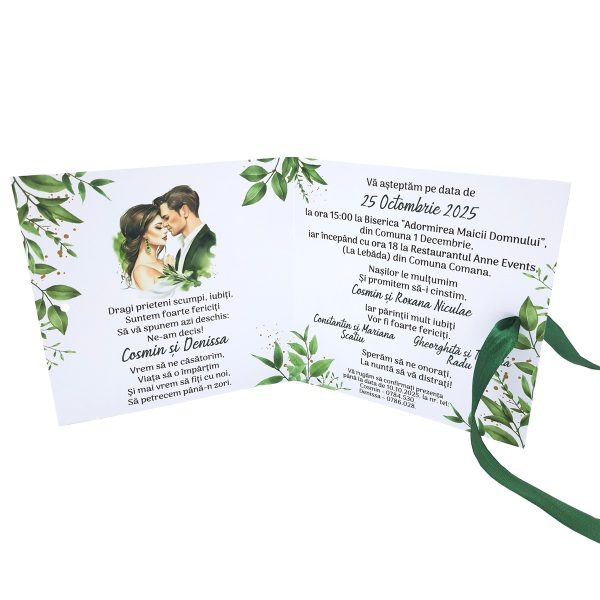 Invitatie nunta tip Carte, cu fundita verde, model cu miri si frunze verzi – MIBC403008 - imagine 3