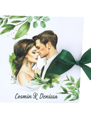 Invitatie nunta tip Carte, cu fundita verde, model cu miri si frunze verzi – MIBC403008
