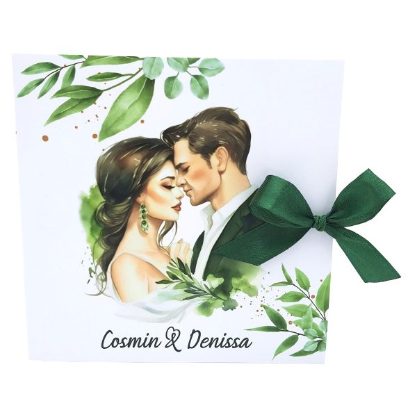 Invitatie nunta tip Carte, cu fundita verde, model cu miri si frunze verzi – MIBC403008