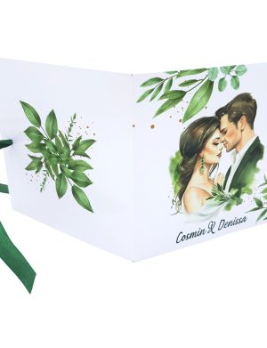 Invitatie nunta tip Carte, cu fundita verde, model cu miri si frunze verzi – MIBC403008