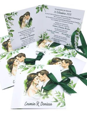Invitatie nunta tip Carte, cu fundita verde, model cu miri si frunze verzi – MIBC403008