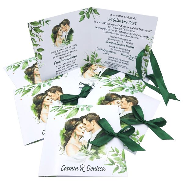 Invitatie nunta tip Carte, cu fundita verde, model cu miri si frunze verzi – MIBC403008 - imagine 5