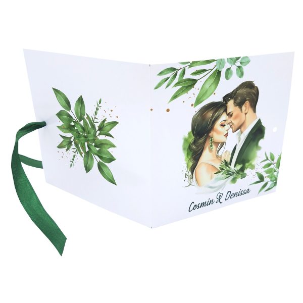 Invitatie nunta tip Carte, cu fundita verde, model cu miri si frunze verzi – MIBC403008 - imagine 2