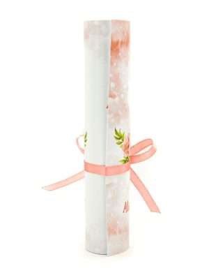 Invitatie rulata nunta, tip papirus, flori in nuante de roz, fuzzy pink, dust pink si miri – MIBC403009
