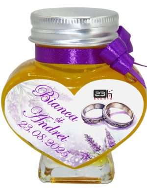 Mărturii dulci cu miere, handmade Iubire, borcan inima 90 gr, personalizare lavanda mov – DSBC403003