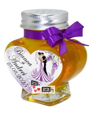 Mărturii dulci cu miere, handmade Iubire, borcan inima 90 gr, personalizare lavanda mov si miri – DSBC403004