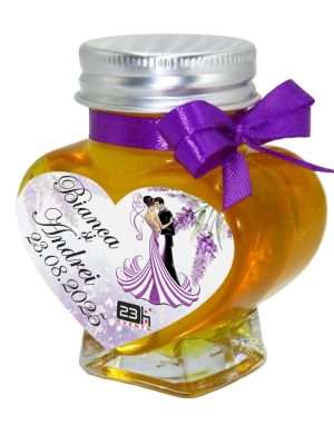 Mărturii dulci cu miere, handmade Iubire, borcan inima 90 gr, personalizare lavanda mov si miri – DSBC403004