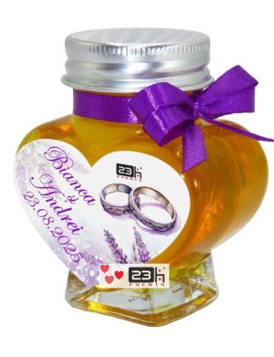 Mărturii dulci cu miere, handmade Iubire, borcan inima 90 gr, personalizare lavanda mov – DSBC403003