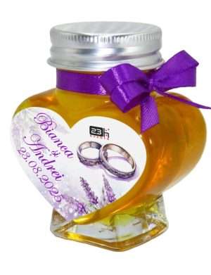Mărturii dulci cu miere, handmade Iubire, borcan inima 90 gr, personalizare lavanda mov – DSBC403003