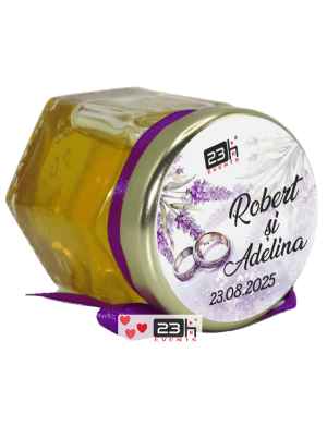 Mărturii dulci cu miere, handmade Iubire, borcan 50 gr, personalizare lavanda mov – DSBC403001
