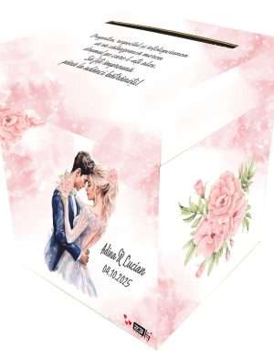 Cutie dar (bani) nunta, Personalizata, design Fuzzy Pink si miri, dim. 21x21x26 cm – MIBC404003