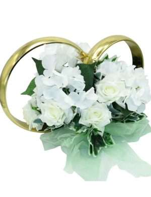 Decor masina pentru nunta, verighete decorate cu flori de matase, hortensie si trandafiri – ILIF404016