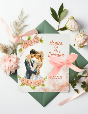 Invitatie nunta tip Carte, cu fundita, flori in nuante de roz, fuzzy pink, dust pink si miri – MIBC404005