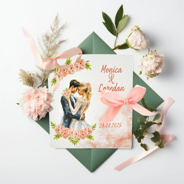 Invitatie nunta tip Carte, cu fundita, flori in nuante de roz, fuzzy pink, dust pink si miri – MIBC404005