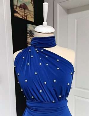 Rochie versatila lunga cu perle, lycra albastru regal, pentru domnisoare de onoare – ACD404062