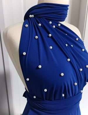 Rochie versatila lunga cu perle, lycra albastru regal, pentru domnisoare de onoare – ACD404062
