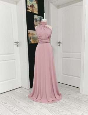 Rochie versatila lunga cu perle, lycra roz prafuit, pentru domnisoare de onoare – ACD404038
