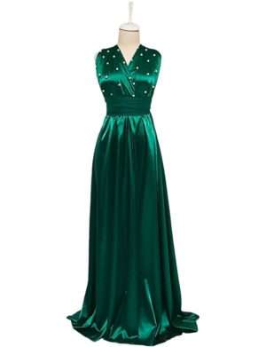 Rochie versatila lunga cu perle si bretele din tulle, verde smarald – ACD404063
