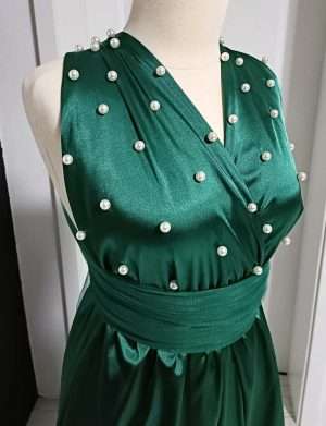 Rochie versatila lunga cu perle si bretele din tulle, verde smarald – ACD404063