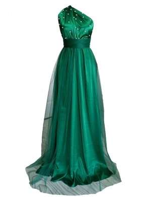 Rochie versatila lunga din satin, tulle, cu tulle si bretele din tulle, verde smarald ACD404070 (5)