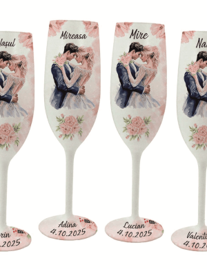 Set 4 pahare nunta pentru miri & nasi, Fuzzy Pink, Personalizat – FEIS404007