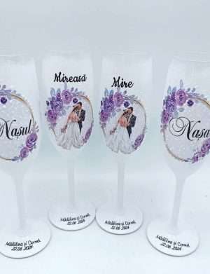 Set 4 pahare personalizate pentru miri si nasi, tematica mov – FEIS404020