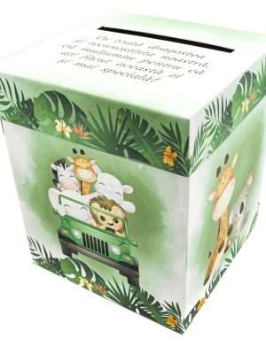 Cutie dar (bani) botez, nepersonalizata, design Jungle-Safari verde cu animalute, dim. 21x21x26 cm – MIBC404001