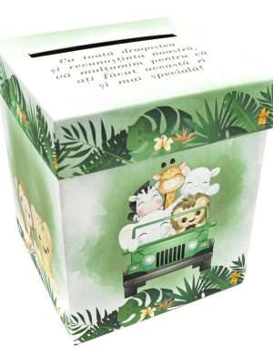 Cutie dar (bani) botez, nepersonalizata, design Jungle-Safari verde cu animalute, dim. 21x21x26 cm – MIBC404001