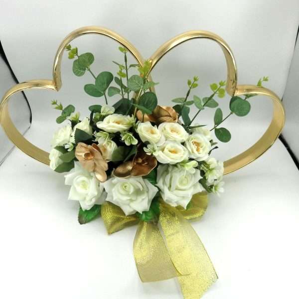 Decor masina pentru nunta, inimioare decorate cu flori, auriu & alb ILIF406003 (1)