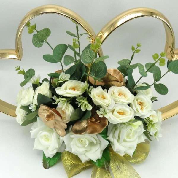 Decor masina pentru nunta, inimioare decorate cu flori, auriu & alb ILIF406003 (3)
