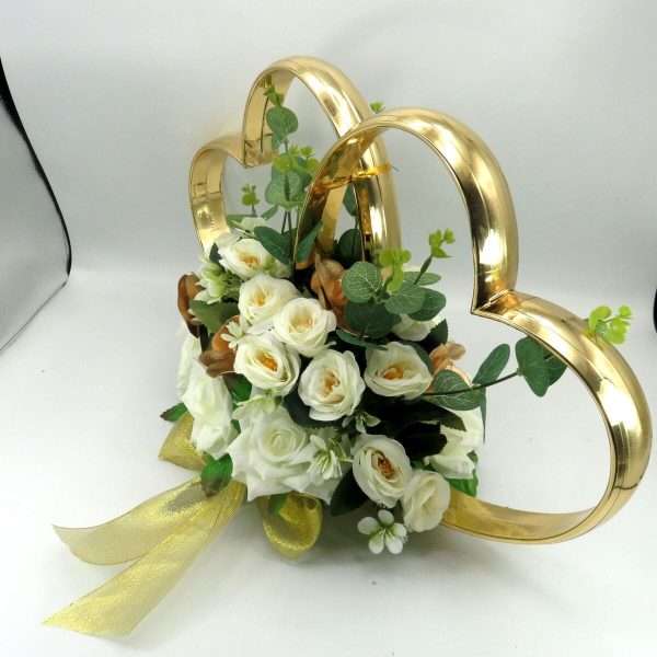 Decor masina pentru nunta, inimioare decorate cu flori, auriu & alb ILIF406003 (4)