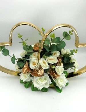 Decor masina pentru nunta, inimioare decorate cu flori, auriu & alb – ILIF406003