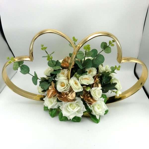 Decor masina pentru nunta, inimioare decorate cu flori, auriu & alb ILIF406003 (5)