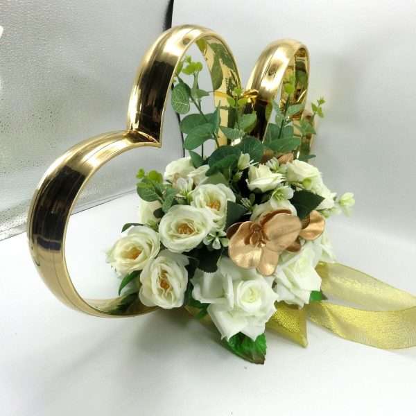Decor masina pentru nunta, inimioare decorate cu flori, auriu & alb ILIF406003 (6)