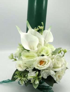 Lumanare cununie, decorata cu flori din matase si silicon, verde&alb – ILIF406001