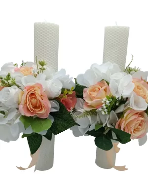 Lumanare nunta din ceara naturala cu flori de matase, piersiciu&alb FEIS405002 (1)