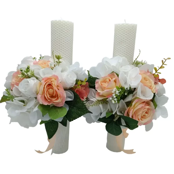 Lumanare nunta din ceara naturala cu flori de matase, piersiciu&alb FEIS405002 (1)