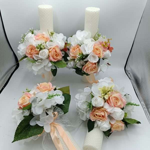 Lumanare nunta din ceara naturala cu flori de matase, piersiciu&alb FEIS405002 (2)