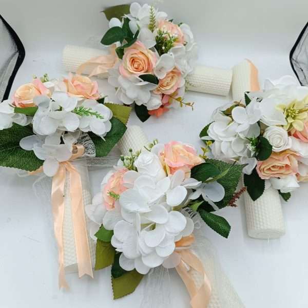 Lumanare nunta din ceara naturala cu flori de matase, piersiciu&alb FEIS405002 (3)