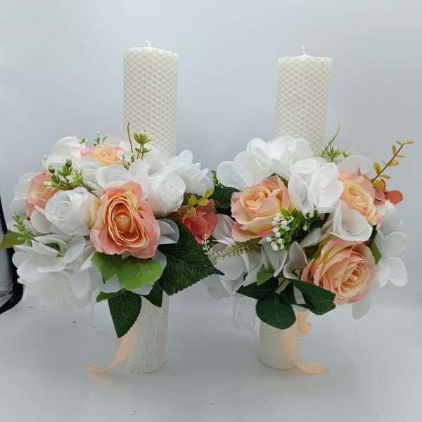 Lumanare nunta din ceara naturala cu flori de matase, piersiciu&alb FEIS405002 (4)