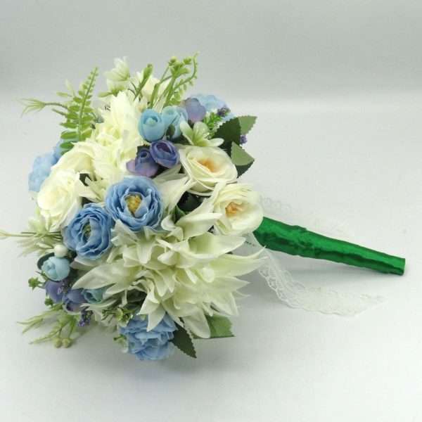 Buchet mireasanasa cu flori de matase, albastru & alb – ILIF406019 (2)