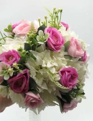 Buchet mireasa/nasa cu flori de matase, verde, roz & alb – ILIF406011
